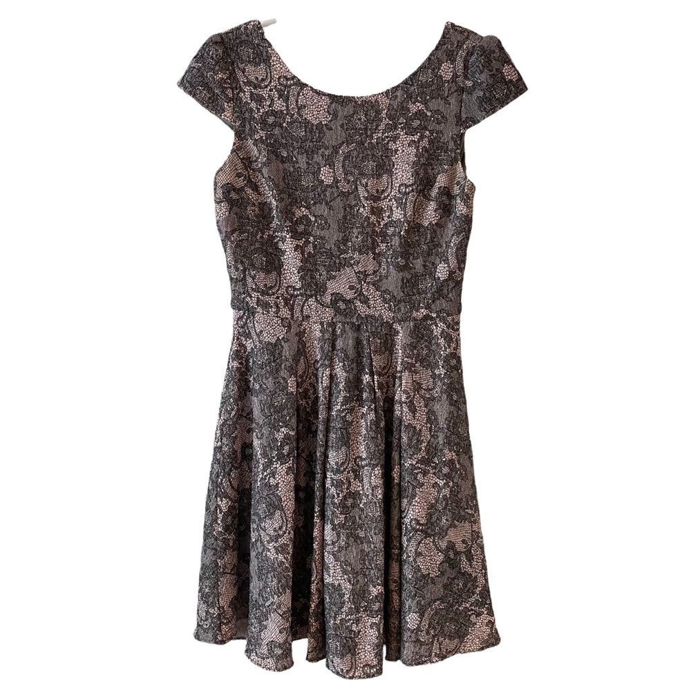 Betsey Johnson cap sleeve A-line dress w/textured lace-look print & flared skirt